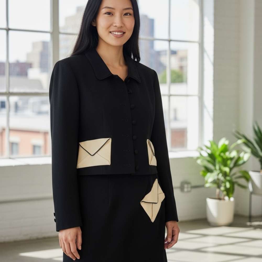 Black Moschino Jacket and skirt set with Cream Envelope Accents.